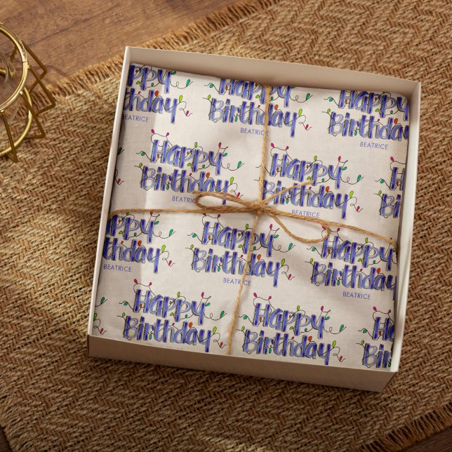 Papel De Seda Cumpleaños personalizado del Dusty Blue de la mano (Happy Birthday Dusty Blue Lettering Tissue Paper)