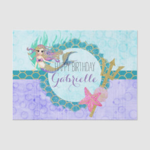 Papel De Seda Cumpleaños Sirena Monograma Lindo Verde Acuático y