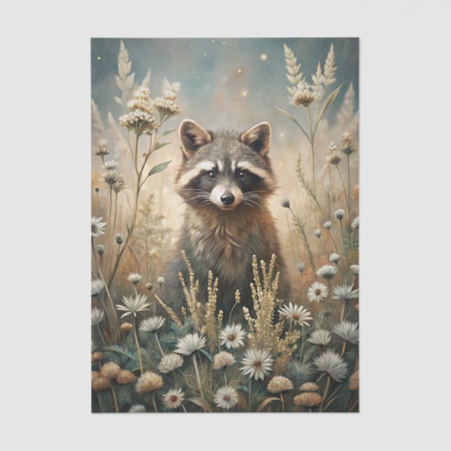 Papel De Seda Curious Raccoon in a Forest Meadow with Flowers (Anverso)