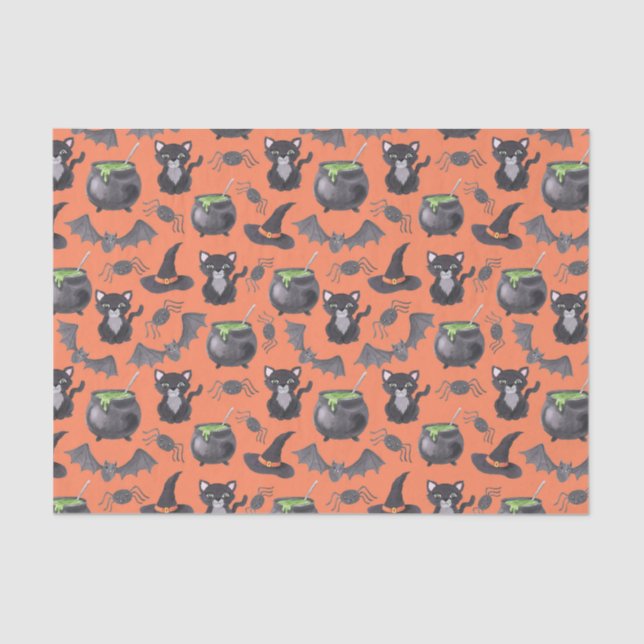 Papel De Seda Cuta acuarela Halloween gatos y calderos (Anverso)