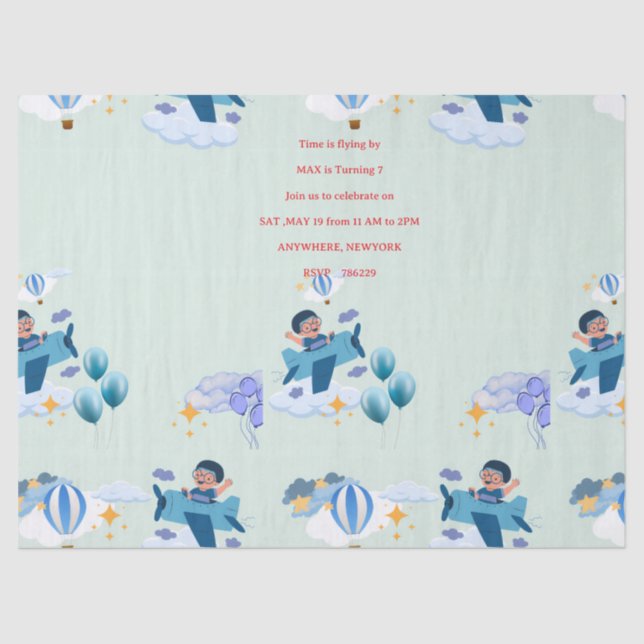 Papel De Seda Cute Airplane Kids Birthday Invitation (Anverso)