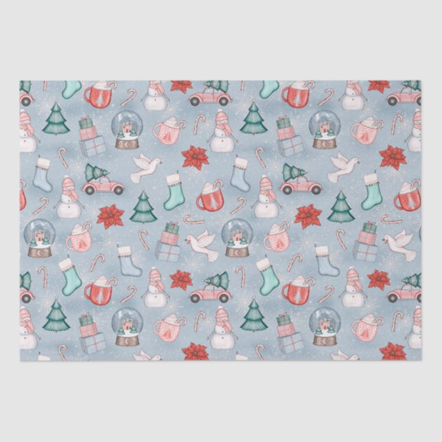 Papel De Seda Cute Blue Whimsical Navidades acuarelas Encajadas (Anverso)