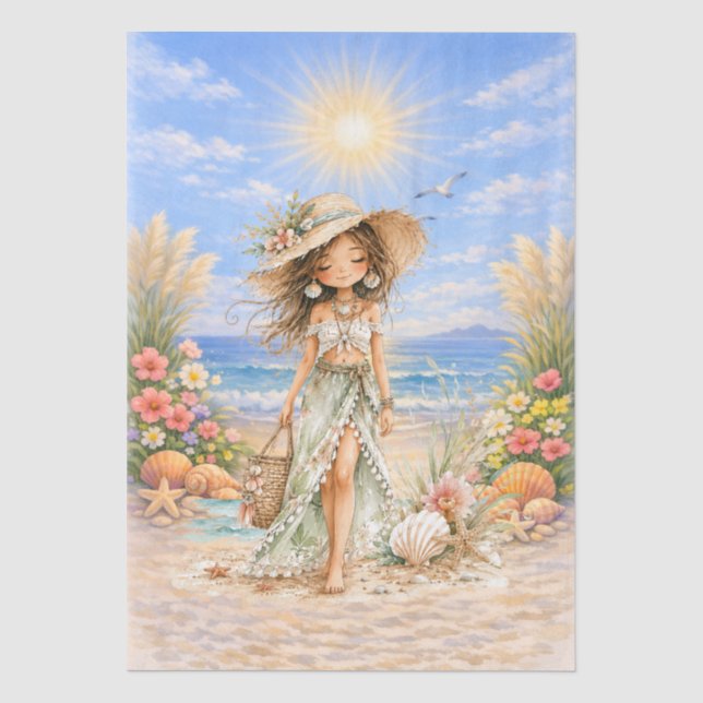Papel De Seda Cute Boho Estilo Femenino Escena de Playa Decoupag (Anverso)