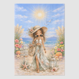 Papel De Seda Cute Boho Estilo Femenino Escena de Playa Decoupag