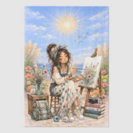 Papel De Seda Cute Boho Estilo Femenino Escena de Playa Decoupag