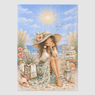 Papel De Seda Cute Boho Estilo Femenino Escena de Playa Decoupag