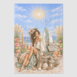 Papel De Seda Cute Boho Estilo Femenino Escena de Playa Decoupag