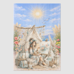 Papel De Seda Cute Boho Estilo Femenino Escena de Playa Decoupag