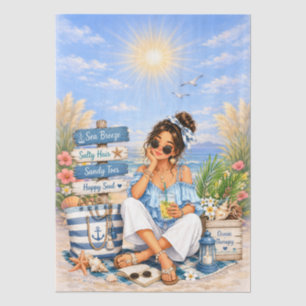 Papel De Seda Cute Boho Style Chica Escena de Playa Decoupage
