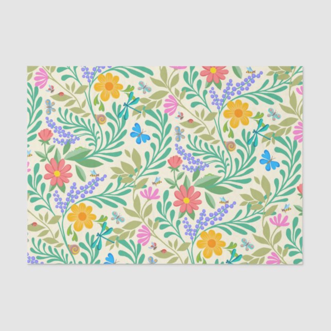 Papel De Seda Cute Bugs Funny Primavera Floral Pastel Amarillo (Anverso)