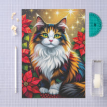 Cute Calico Kitty Cat and Poinsettia Christmas