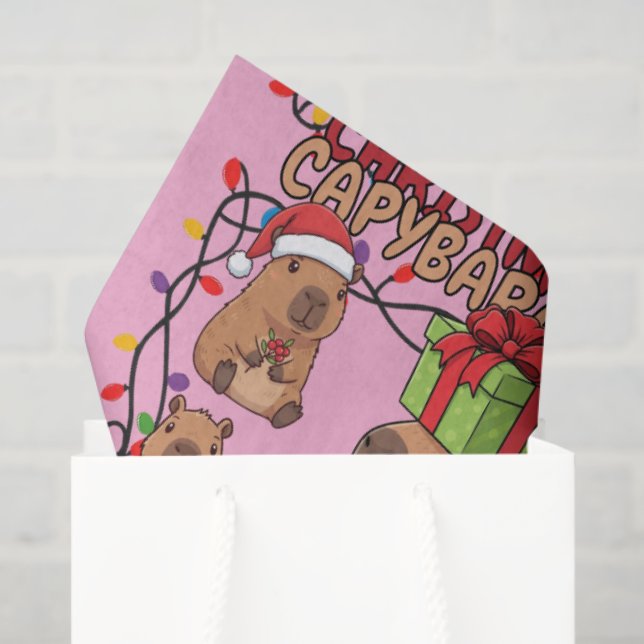 Papel De Seda Cute Capybara Christmas Lights Festive Party Pink (Bolsa de regalo)
