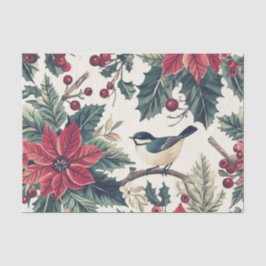 Papel De Seda Cute Carbonero en una Rama de Acebo con Poinsettia