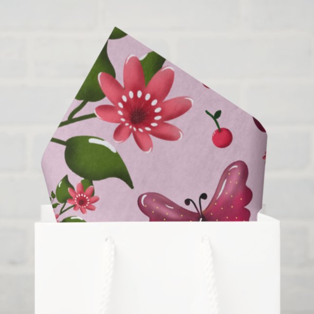 Papel De Seda Cute Cherry Butterfly Pattern, Glossy Kawaii Fruit (Bolsa de regalo)