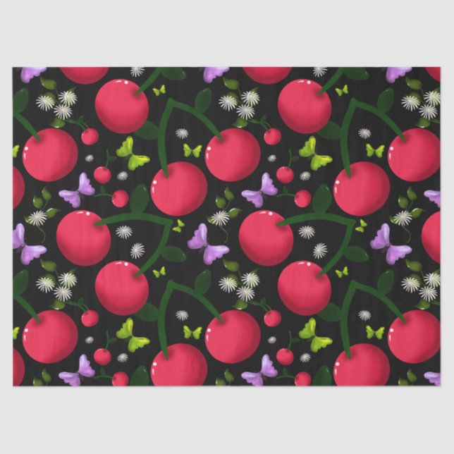 Papel De Seda Cute Cherry Butterfly Pattern, Glossy Kawaii Fruit (Anverso)