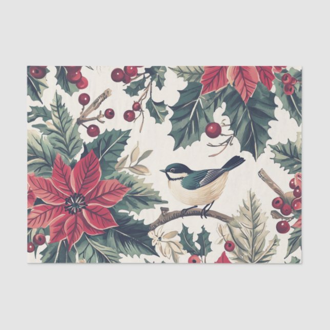 Papel De Seda Cute Chickadee on a Holly Branch with Poinsettias (Anverso)