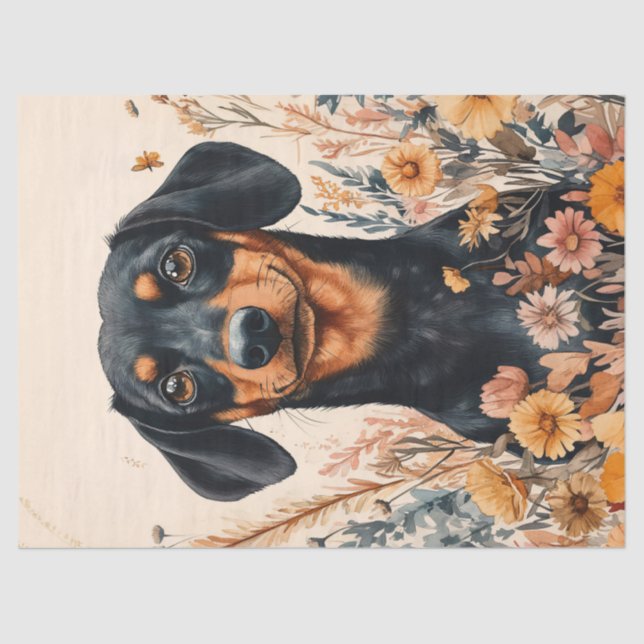 Papel De Seda Cute Dachshund con flores silvestres (Anverso)