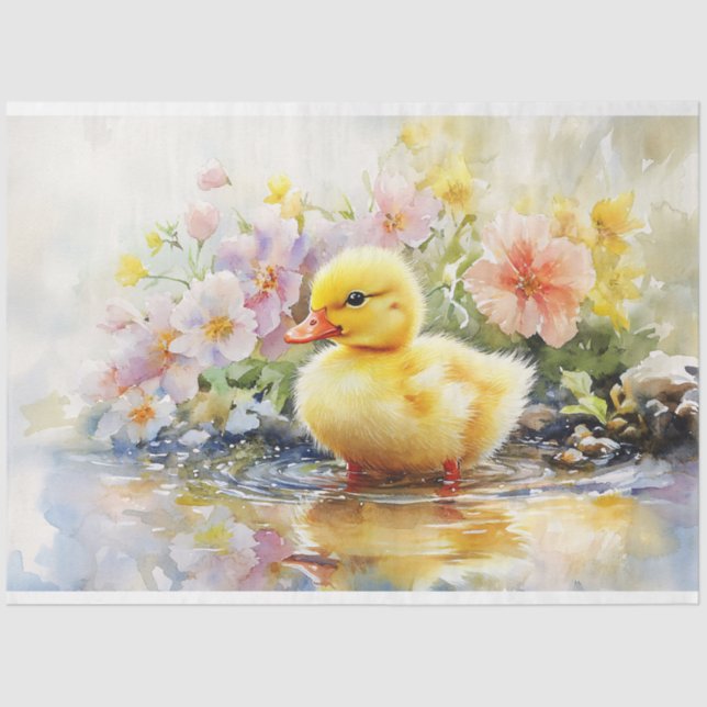 Papel De Seda Cute Duckling con flores acuarela Decoupage (Anverso)