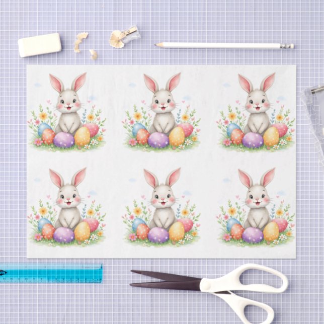 Papel De Seda Cute Easter Bunny And Eggs Modern Collection (Artesanía)