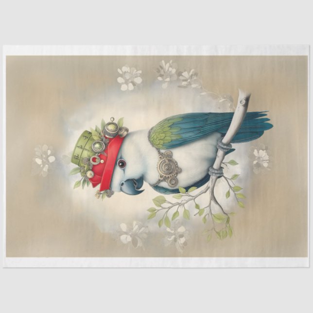 Papel De Seda Cute Fantasy Steampunk Parrot Gorra J6L Decoupage (Anverso)