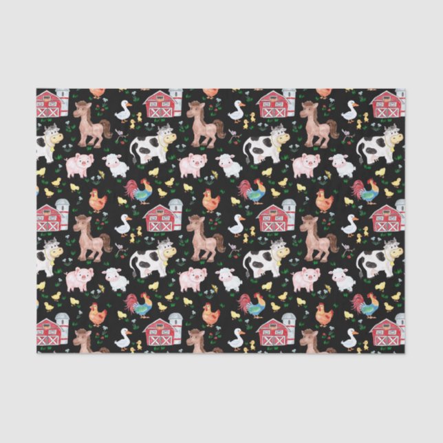 Papel De Seda Cute Farm Animals Barnyard Black (Anverso)