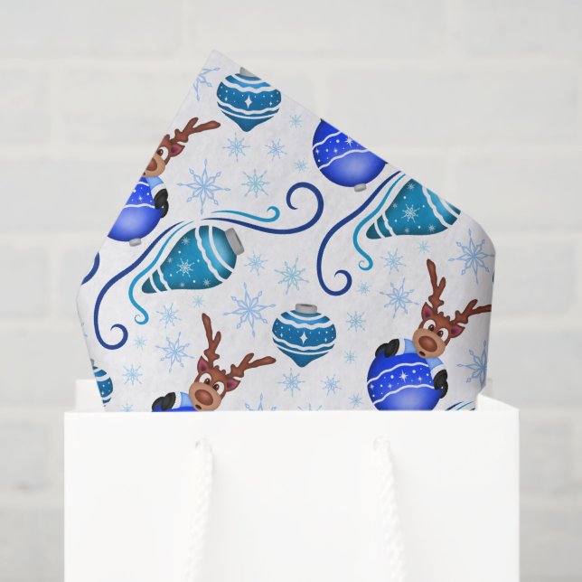 Papel De Seda Cute Festive Blue Christmas Reindeer (Bolsa de regalo)