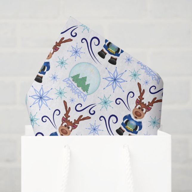 Papel De Seda Cute Festive Blue Christmas Reindeer (Bolsa de regalo)