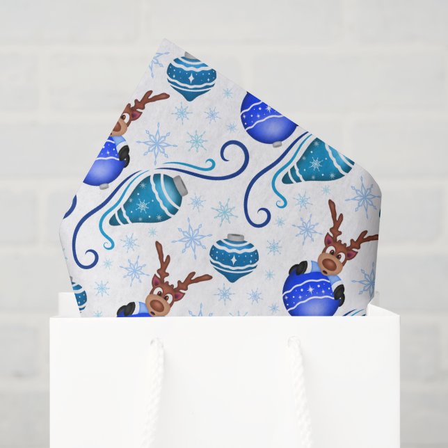 Papel De Seda Cute Festivo Reno de Navidad Azul (Bolsa de regalo)