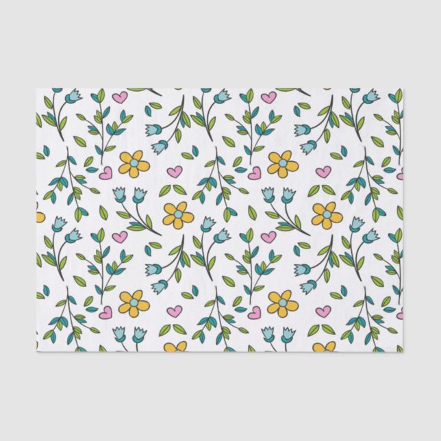 Papel De Seda Cute Flowers and Hearts Light Pattern (Anverso)