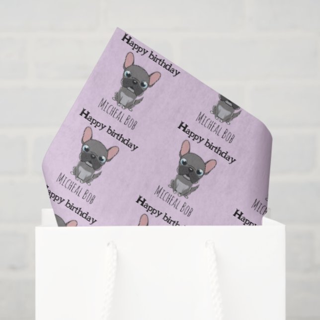Papel De Seda Cute happy birthday gray pug dog purple (Bolsa de regalo)