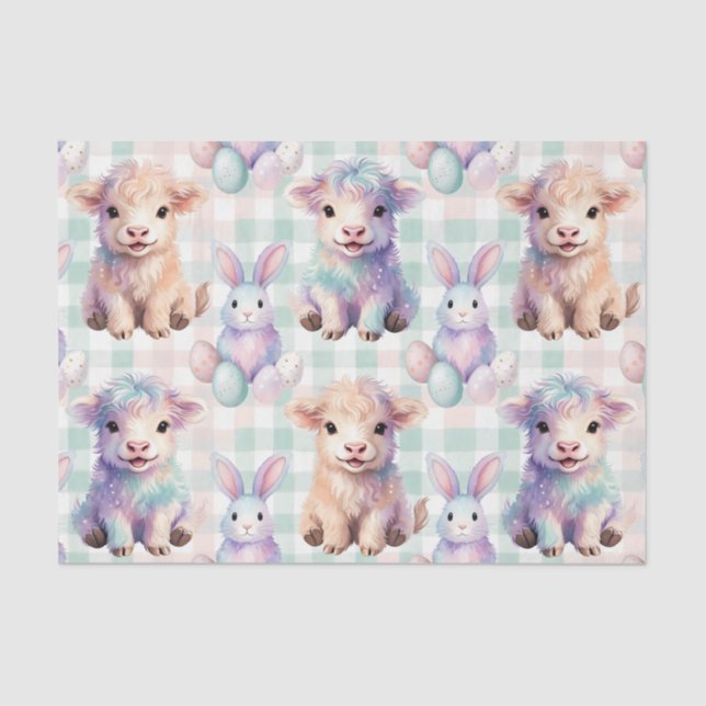 Papel De Seda Cute Highland Cow Easter Eggs Pastel (Anverso)