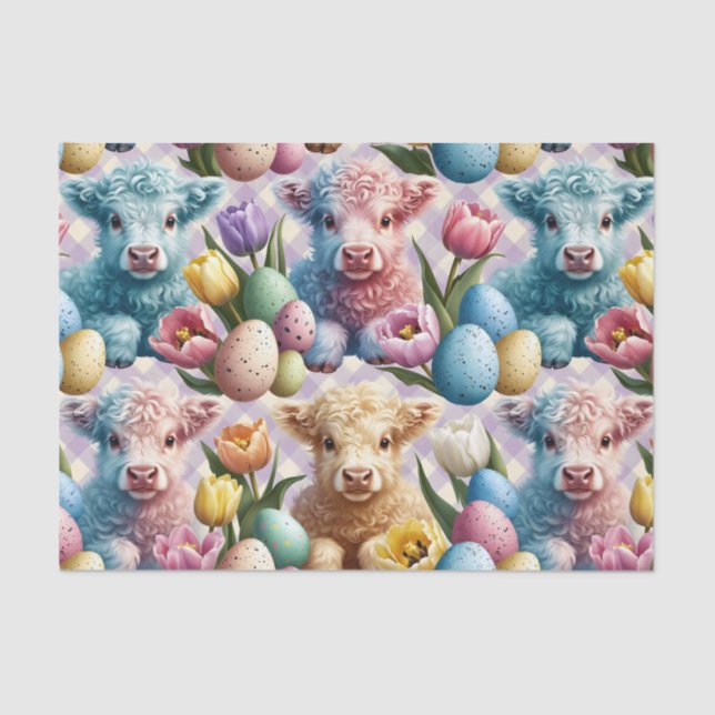 Papel De Seda Cute Highland Cow Easter Tulips Pastel (Anverso)