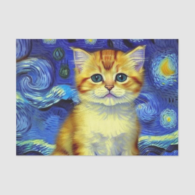 Papel De Seda Cute Kitten Starry Night Van Gogh (Anverso)