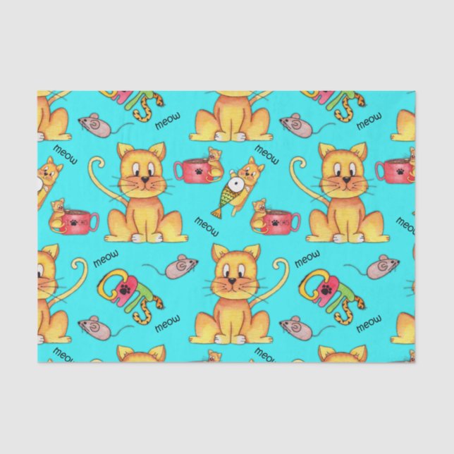 Papel De Seda Cute Meow Cats Aqua (Anverso)