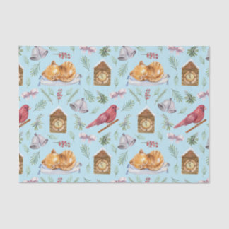 Papel De Seda Cute Navidad Cardenal y Gatito Azul