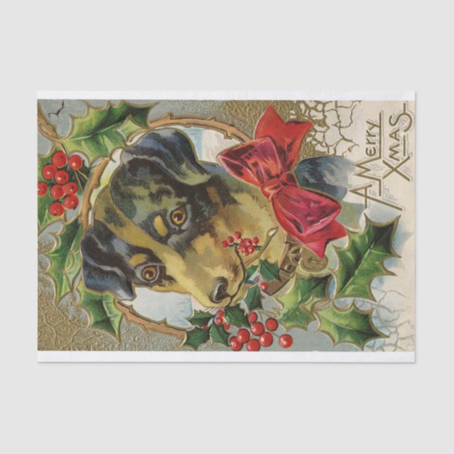 PAPEL DE SEDA CUTE NAVIDADES PERRO CON BOW ROJO Y HOLLYBERRIES (Anverso)