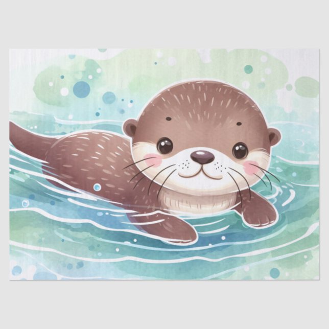 Papel De Seda Cute Otter Decoupage de Acuarela (Anverso)
