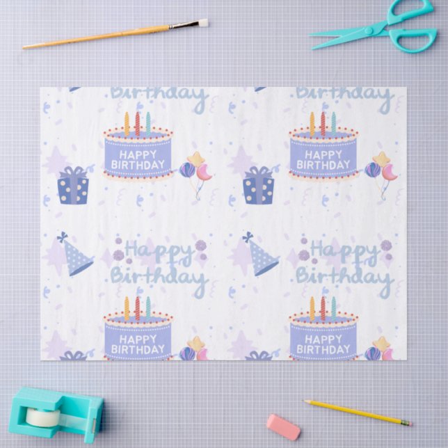 Papel De Seda Cute Pastel Azul Feliz Cumpleaños Tarta Patrón Con (Artesanía)