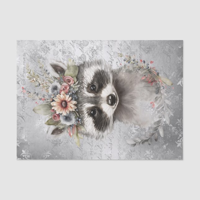 Papel De Seda Cute Raccoon Floral (Anverso)