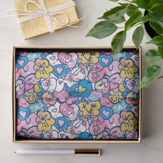 Papel De Seda Cute Retro Doodle Hearts Love Artistic Pattern  (Regalo )