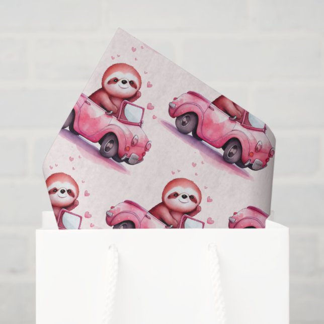 Papel De Seda Cute Sloth Driving a Pink Convertible Pattern (Bolsa de regalo)