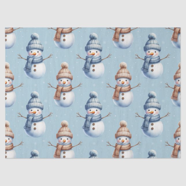 Papel De Seda Cute Snowman Blue Snowy Background Christmas (Anverso)