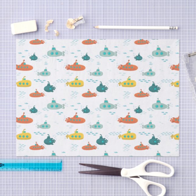 Papel De Seda Cute Submarine Nautical Deep Sea Fish Pattern (Artesanía)