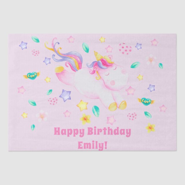 Papel De Seda Cute Unicornio - Cumpleaños Personalizado De Niños (Anverso)