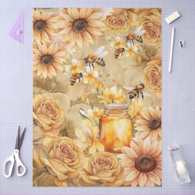 Papel De Seda Cute Watercolor Honey Bees & Sunflowers Parchment  (Artesanía)