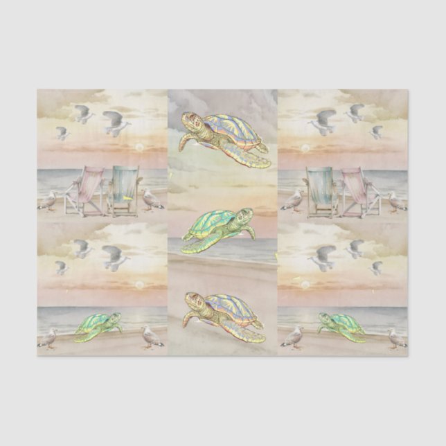 Papel De Seda Cute Watercolor Seaside Seagulls & Sea Turtles (Anverso)