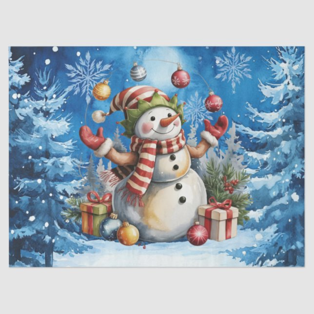 Papel De Seda Cute Winter Blue Christmas Snowman  (Anverso)
