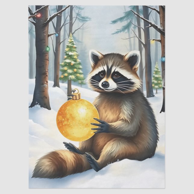 Papel De Seda Cute Winter Raccoon with Gold Ornament Christmas (Anverso)