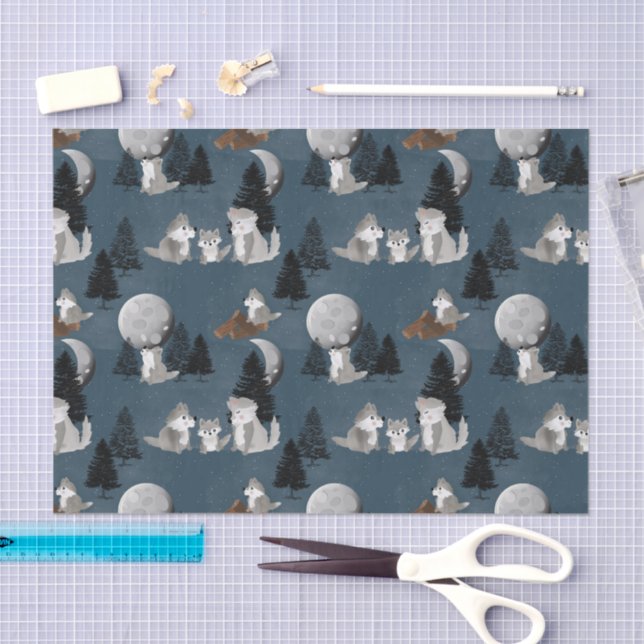 Papel De Seda Cute Wolf Pack Woodland Night Sky Moon (Artesanía)