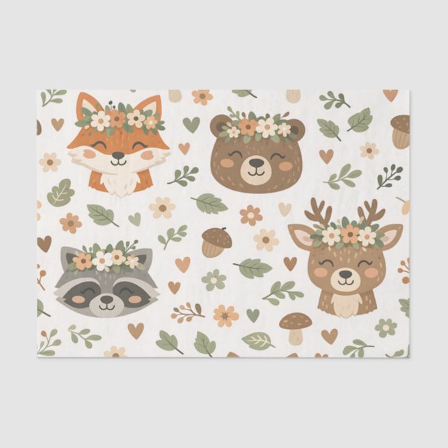 Papel De Seda Cute Woodland Animals Floral Pattern (Anverso)